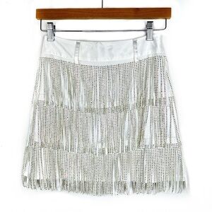 Blue B Collection White Tiered Rhinestone Studded Fringe Mini Skirt Western